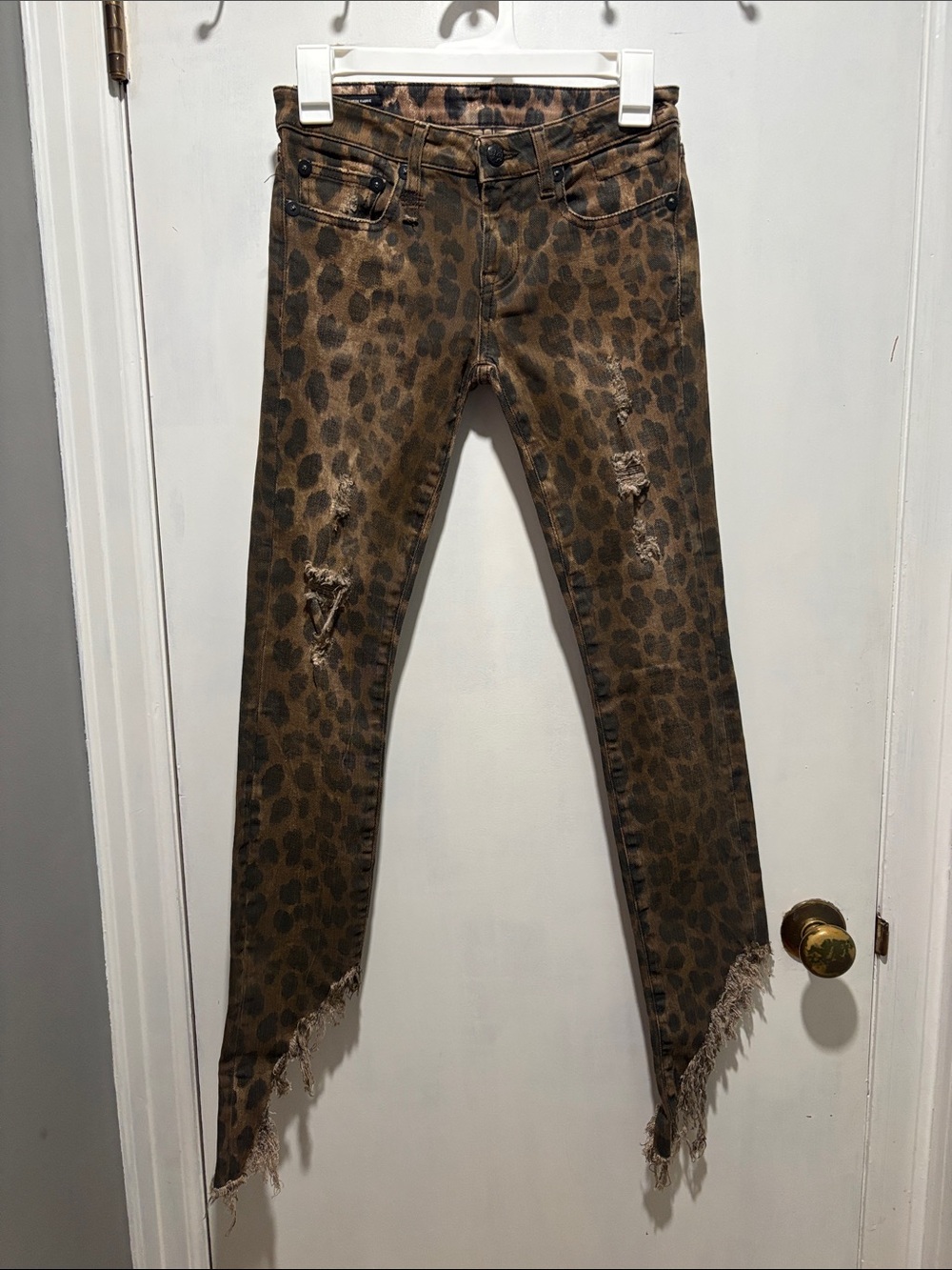 R13 Kate skinny leopard jeans size 24 distressed with stretch animal print